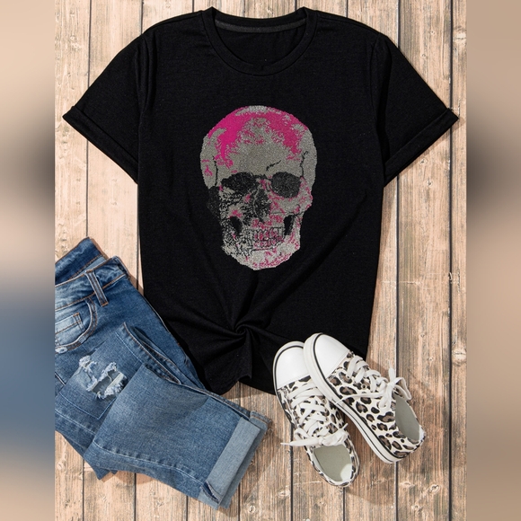 Rhinestone Encrusted Skeleton Shirt Bling Sparkling Short Sleeve Halloween Top - Picture 5 of 12